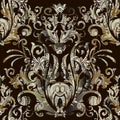 Textured ornamental vintage gold Baroque seamless pattern with chains, flowers, leaves. Vector patterned royal background.