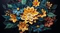 Colorful Paper Art: Floral Cut Flowers In Dark Gray And Dark Aquamarine