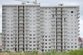 Textured pattern of a russian whitestone residential house building wall with many windows and balcony under construction Royalty Free Stock Photo