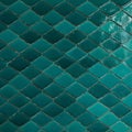 Textured pattern of teal-colored, fish scale-shaped tiles arranged in a repetitive, Royalty Free Stock Photo