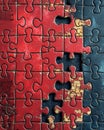 Textured red and dark blue puzzle pieces, many incomplete, highlighting problem-solving and unity concept. Royalty Free Stock Photo