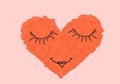 Textured red heart like paint strokes, painted face with closed eyes, pink background,