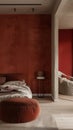 Textured red walls in a tranquil bedroom setup. An oasis of warmth with a minimalist vibe. Royalty Free Stock Photo