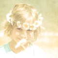 Textured Retro Portrait of Pretty Little Blonde Girl with a Crown of Daisies