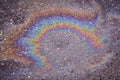 Textured stain of fuel or oil on wet asphalt on a rainy day