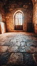 A textured stone floor features a unique window embedded within its surface, creating an intriguing architectural detail