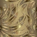 Textured striped gold 3d Paisley seamless pattern. Vector ornamental leafy background. Repeat floral backdrop. Vintage grunge Royalty Free Stock Photo