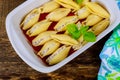 Textured stuffed casserole dish full of jumbo shells pasta Royalty Free Stock Photo