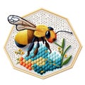 Textured surface colorful 3d bee on the honeycomb. Vector ornamental insect background illustration. Beautiful bright embroidery Royalty Free Stock Photo