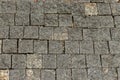 The textured surface of the mighty sidewalk after the rain, the square gray stones. Backdrop texture background, stone bricks road Royalty Free Stock Photo