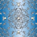 Textured tapestry 3d Baroque vector seamless pattern. Jewelry ornamental blue background. Embroidery Damask floral Royalty Free Stock Photo