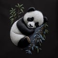 Textured tapestry 3d little sleeping panda. Embroidery cute panda tropic background illustration. Surface embroidered stitch