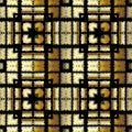 Textured tapestry gold tartan 3d seamless pattern. Ornamental grunge geometric background. Repeat embroidery plaid