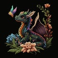 Textured tapestry kind little dragon. Fairy tale colorful embroidery pattern, background, illustration with embroidered flowers,