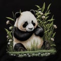 Textured tapestry a little sad panda sitting on green grass. Embroidery cute panda background illustration. Decorative embroidered