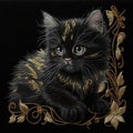 Textured tapestry sweet black kitten with blue eyes. Embroidery beautiful young cat. Embroidered gold surface satin stitch flowers