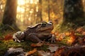 Common Toad on Mossy Forest Floor in Golden Light Royalty Free Stock Photo