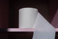 Textured toilet paper roll on pink shelf.