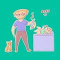 Textured vector funny illustration sticker. Inexperienced dad with glasses and a beard took a stinky diaper from baby and tomcat l