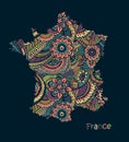 Textured vector map of France. Hand drawn ethno pattern.