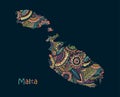 Textured vector map of Malta. Hand drawn ethno pattern, tribal background.