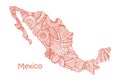 Textured vector map of Mexico. Hand drawn ethno pattern, tribal background.