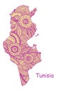 Textured vector map of Tunisia. Hand drawn ethno pattern, tribal background.