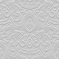 Textured vintage emboss 3d lines Damask white seamless pattern. Floral embossed ethnic background. Grunge ornate backdrop. Line Royalty Free Stock Photo