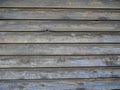 Textured, weathered pine wood boards on small building`s side wall