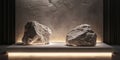 Textured white stone podium with natural rock elements, illuminated with soft lighting, creating a Royalty Free Stock Photo