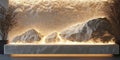 Textured white stone podium with natural rock elements, illuminated with soft lighting, creating a Royalty Free Stock Photo