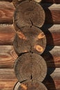 Textured wooden background. Cross section of wooden logs. Fragment of house