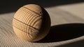 Wooden sphere rests on a surface with sunlight casting a grid Royalty Free Stock Photo
