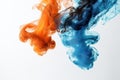 Textures of thick blue and orange smoke on a white background with matter transitions between