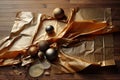 Textures Unleashed: Abstract Collage of Metallic, Paper, Fabric, and Leaves on Mahogany Table