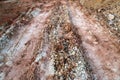 Textures of various clay layers underground in  clay quarry after  geological study of  soil. colored layers of clay and stone in Royalty Free Stock Photo