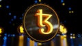 Tezos coin sign on abstract neon background. Blockchain token 3d render