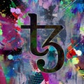 Tezos cryptocurrency coin on colorful background, cryptocurrency concept