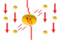 Tezos Fall. Red arrow down with gaussian blur effect background. Tezos XTZ market crash. Red chart down.