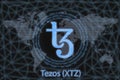 Tezos XTZ Abstract Cryptocurrency. With a dark background and a world map. Graphic concept for your design