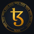 Tezos XTZ cryptocurrency vector background. Golden coin logo on black