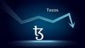 Tezos XTZ in downtrend and price falls down. Cryptocurrency coin symbol and down arrow. Crushed and fell down. Cryptocurrency