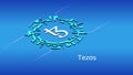 Tezos XTZ isometric token symbol in digital circle on blue background.