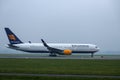 TF-ISO Icelandair Boeing 767-319ER(WL) aircraft makes a landing on Polderbaan upon arrival at Amsterdam Schiphol airport