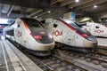 TGV Duplex high-speed trains of SNCF at Gare Paris Montparnasse railway station in France Royalty Free Stock Photo