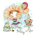 8th anniversary. Birthday card with a cute red-haired girl with balloons and gifts, in the technique of watercolor and Royalty Free Stock Photo