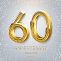 60th Anniversary Celebrating golden text and confetti on light blue background. Vector celebration 60 anniversary event