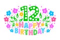 12th Anniversary Celebration Card. Happy Birthday greeting card for a little girl. Colored text, flowers and confetti on