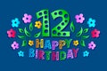 12th Anniversary Celebration Card. Happy Birthday greeting card for a little girl. Colored text, flowers and confetti on