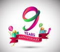 9th Anniversary Celebration Design, with gift box and balloons, Red ribbon, Colorful Vector template elements for birthday Royalty Free Stock Photo